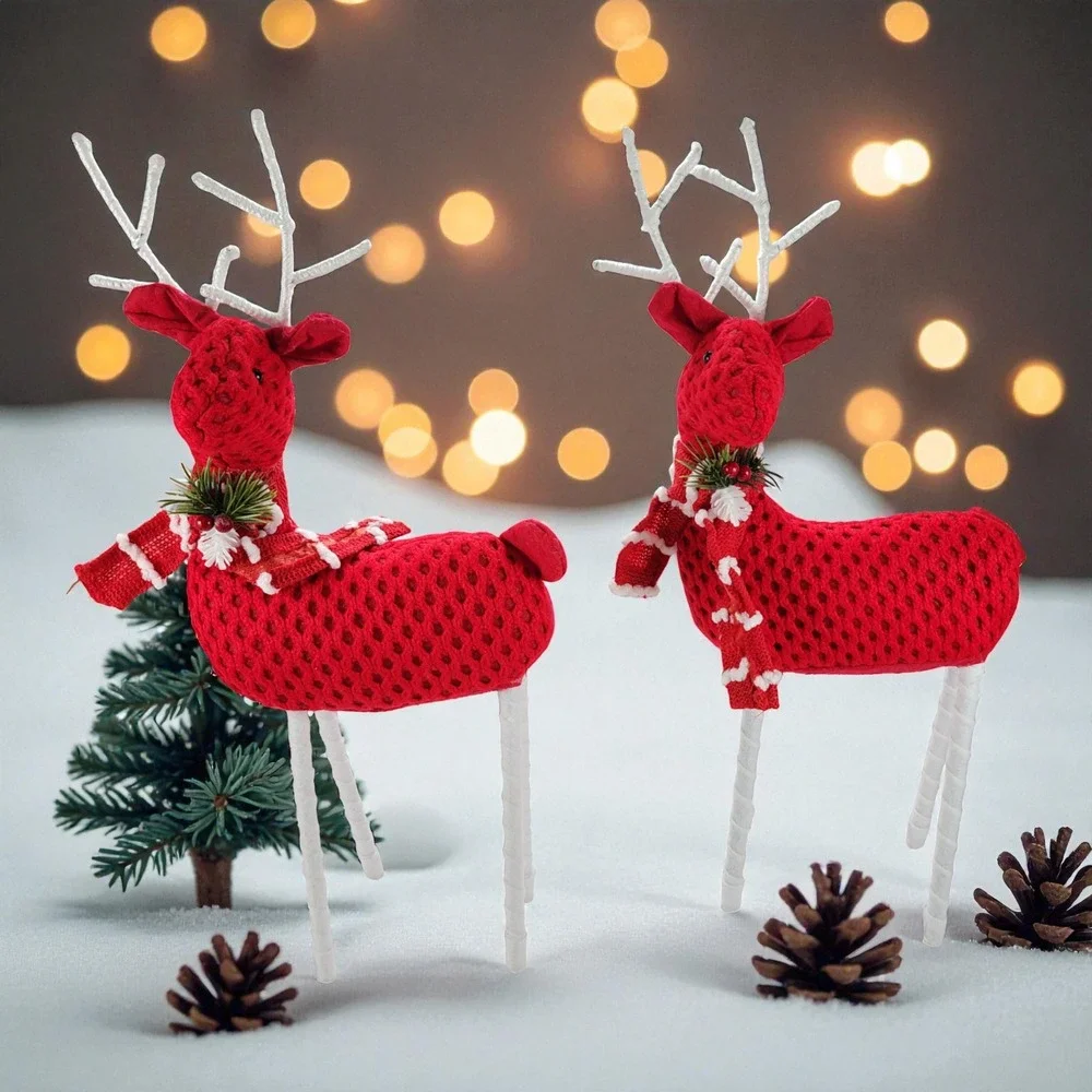 Christmas Holiday Santa's Reindeer, Red Crochet/Scarf, 17 H x 7 L, Set of 2
